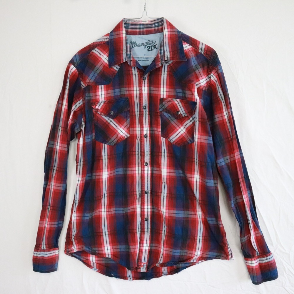 Wrangler 20X Shirt Mens Medium Western Cowboy Rodeo Pearl Snap Plaid Long Sleeve